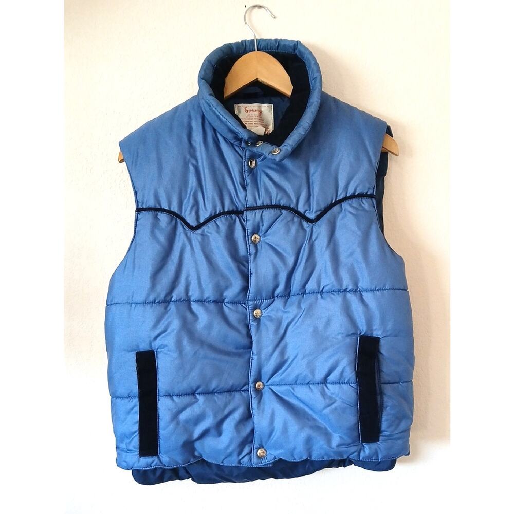 Vintage Blue Puffer Vest Sprung Corduroy Accents